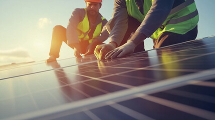 Close-up of two men wearing green vests, carefully positioning solar panels on a roof