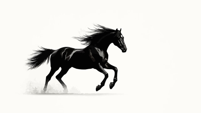 Silhouette of a galloping horse with flowing mane and tail, set against a white background.