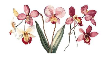 蘭のビンテージ ボタニカル イラスト、透明な背景に花のベクトル PNG、古典的な蘭アート デザイン、レトロな花の装飾、熱帯の花のグラフィック、エレガントな自然のプリント、 © aura studio