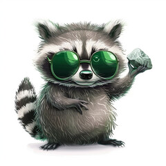 Funny raccoon in green sunglasses showing a rock gesture isolated on white background