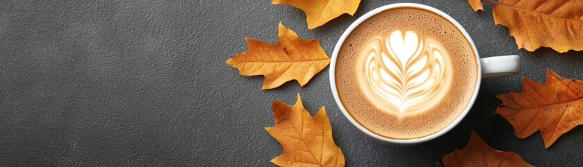 A cozy cup of coffee with intricate latte art surrounded by autumn leaves, perfect for evoking warmth and seasonal vibes.