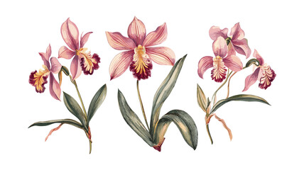 蘭のビンテージ ボタニカル イラスト、透明な背景に花のベクトル PNG、古典的な蘭アート デザイン、レトロな花の装飾、熱帯の花のグラフィック、エレガントな自然のプリント、 © aura studio