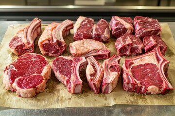 A variety of raw meat cuts displayed on parchment paper, showcasing different types of beef for culinary purposes.