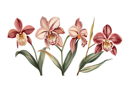 蘭のビンテージ ボタニカル イラスト、透明な背景に花のベクトル PNG、古典的な蘭アート デザイン、レトロな花の装飾、熱帯の花のグラフィック、エレガントな自然のプリント、