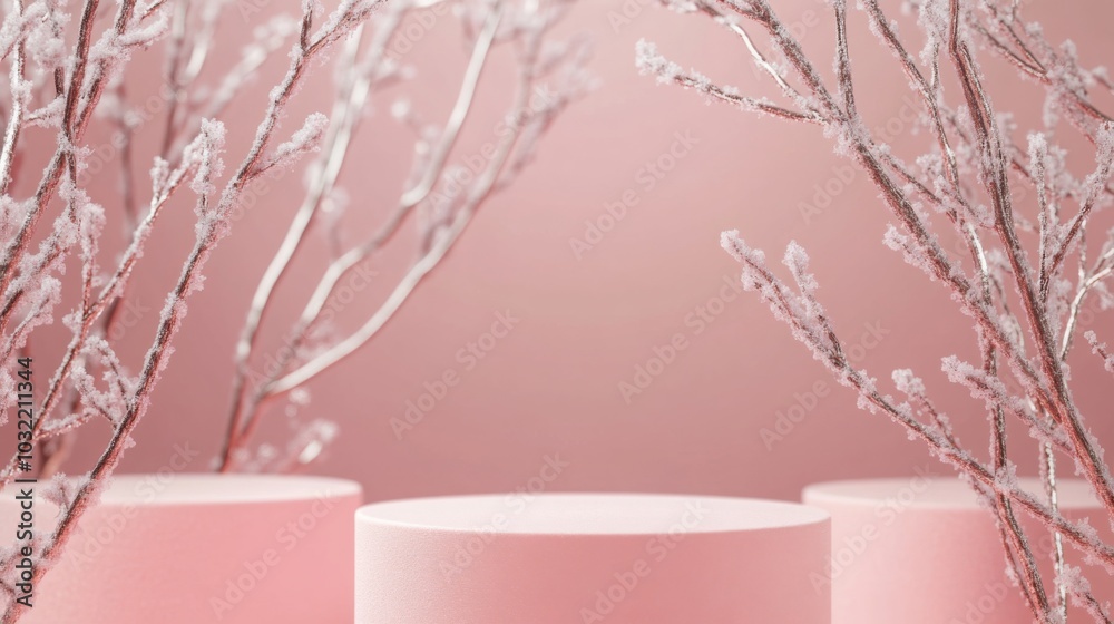 Poster three circular pedestals sit on a soft pink background, surrounded by delicate, frosted branches. th