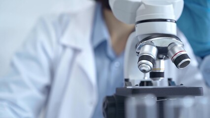 Scientist using microscope in laboratory. Close-up of a researcher's hands adjusting a modern...