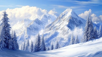 Fototapeta premium Snow-covered mountains and pine trees under a blue sky.