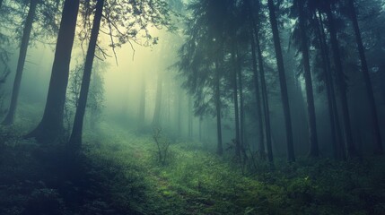 Obraz premium A misty forest path through tall trees.