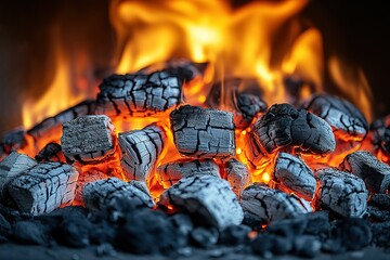 A pile of charcoal with a lot of fire