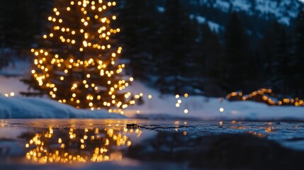 Naklejka premium A Breathtaking Scene of Christmas Lights Reflected off the Snow, Evoking a Sense of Awe and Wonder in the Winter Landscape.