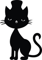 Cute cat with hat Black silhouette vector illustration on white background