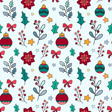Christmas seamless pattern with decorative elements on light blue background for fabric, wrapping paper, textile, greeting cards. Hand draw style