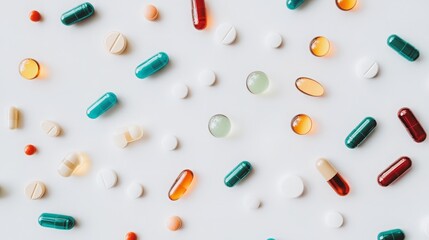 Close-Up of Various Medicine Pills, Tablets, and Capsules Neatly Arranged on a Clean White Background, Showcasing Vibrant Colors for a High-Quality Medical Stock Image.