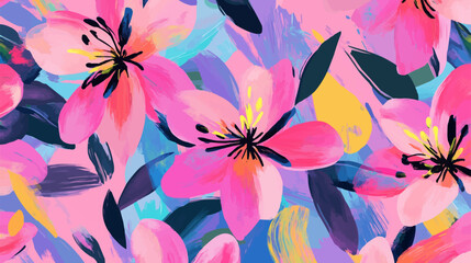 Cute abstract flowers print. Modern cartoon style pattern. Fashionable template for design. Pink flower pattern, with bright colorful backgrounds, vibrant acrylic colors brush strokes, vibrant florals