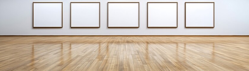 A spacious art gallery featuring empty frames on a wooden floor, perfect for showcasing creative artworks or installations.