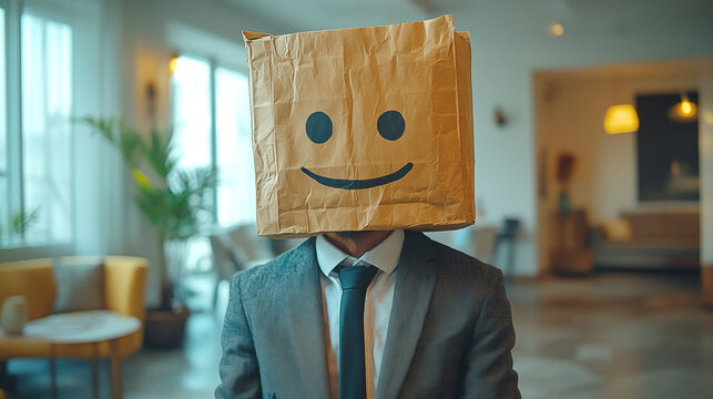 Businessman wearing a cardboard box on his head with smiley face