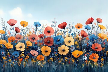 A painting of a field of flowers with a blue sky in the background