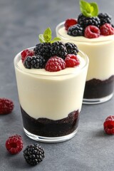 Delicious dessert featuring creamy layers topped with fresh raspberries and blackberries, served in elegant glasses for a delightful treat.