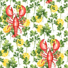Seamless pattern of lemons, red lobster, parsley and cilantro. Food illustration, white background.