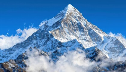 Fototapeta premium A majestic snow-capped mountain peak rises against a clear blue sky, surrounded by wispy clouds, showcasing nature's grandeur.