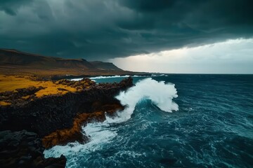 Obraz premium Stormy ocean waves crashing against rocky cliffs, creating a dramatic scene, storm, stormy ocean