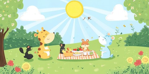 Animals having a picnic in a sunny meadow.