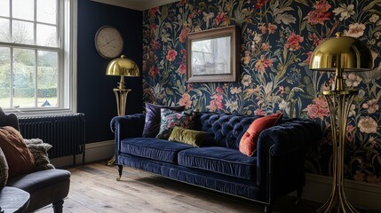 A cozy living room with a navy blue velvet sofa, floral wallpaper, and gold lamps.