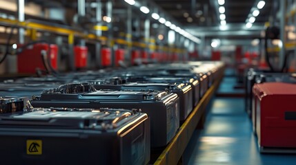 Assembly Line of Black Battery Packs in a Factory