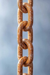 Fototapeta premium Rusty metal chain links isolated on a soft blue background, showcasing texture and detail in a striking composition for industrial themes.