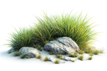 A rock covered in grass is the main focus of the image