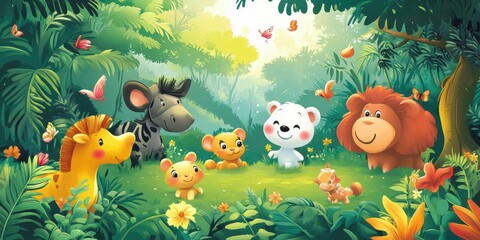Fototapeta premium Animals and butterflies in a jungle.