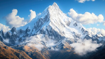 Naklejka premium Snow-capped mountains with fog and blue sky.