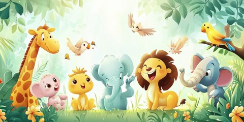 Jungle animals with smiling faces in a lush green forest.