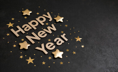 Golden letters Happy New Year with golden stars on a black background. New Year card