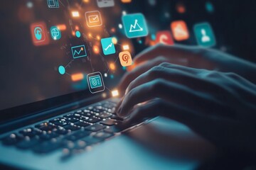 Obraz premium Hands Typing on Laptop Keyboard with Digital Marketing Icons Displayed on Screen, Showcasing Online Advertising, SEO Optimization, and Data Analytics for Business Growth.