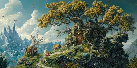 A fantastical forest home nestled in a rocky mountain.