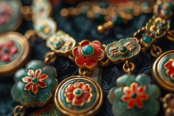 Beautiful traditional chinese green jade and enamel necklace rests on silk fabric, showcasing the exquisite craftsmanship of chinese jewelry