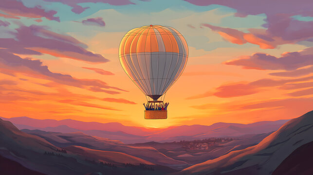 Ilustraci&oacute;n de personas saludando a la c&aacute;mara desde un globo aerost&aacute;tico durante un vibrante amanecer sobre un paisaje monta&ntilde;oso, capturando la aventura y la belleza esc&eacute;nica.