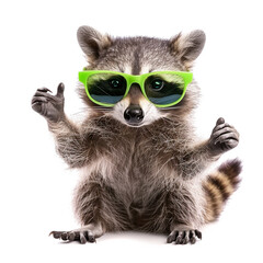 Obraz premium Funny raccoon in green sunglasses showing a rock gesture isolated on white background