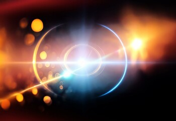 A dark abstract background with a blue glow and bokeh lights in orange and yellow.