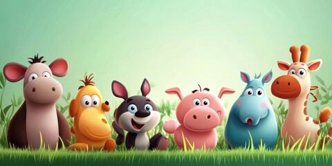 Fototapeta premium Six cartoon animals in a grassy field.