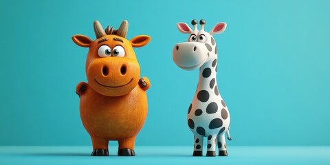 Naklejka premium Cartoon bull and giraffe on blue background.