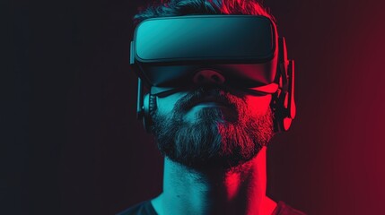 A man wearing virtual reality goggles with a colorful background, showcasing the immersive experience of VR technology.