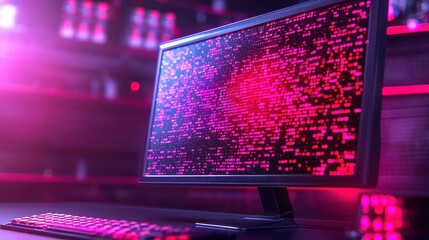 Futuristic computer display showcasing vibrant digital patterns with colorful light reflections.