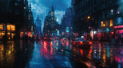Obraz premium Rainy night city street with reflections.