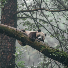 Fototapeta premium Lazy Panda Bear Sleeping on a Tree Branch, China Wildlife. Bifengxia nature reserve, Sichuan Provinc
