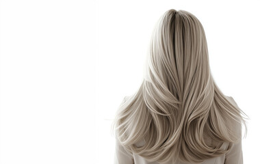 Naklejka premium A woman with long blonde hair is shown with her back to the camera. The hair is styled in a way that it is long and flowing, giving the impression of a carefree and relaxed mood