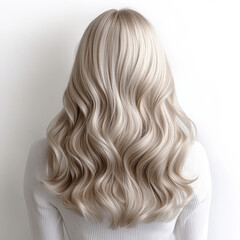 Naklejka premium A woman with long blonde hair is shown with her back to the camera. The hair is styled in a way that it is wavy and flowing, giving the impression of a carefree and relaxed mood