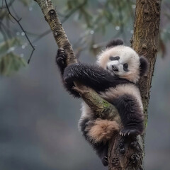 Obraz premium Lazy Panda Bear Sleeping on a Tree Branch, China Wildlife. Bifengxia nature reserve, Sichuan Provinc