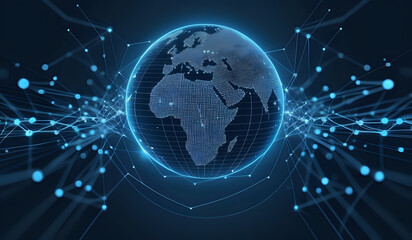 Obraz premium Digital technology, internet network connection concept. Finger touching on virtual screen with futuristic technology background, data exchange, digital transformation, Africa